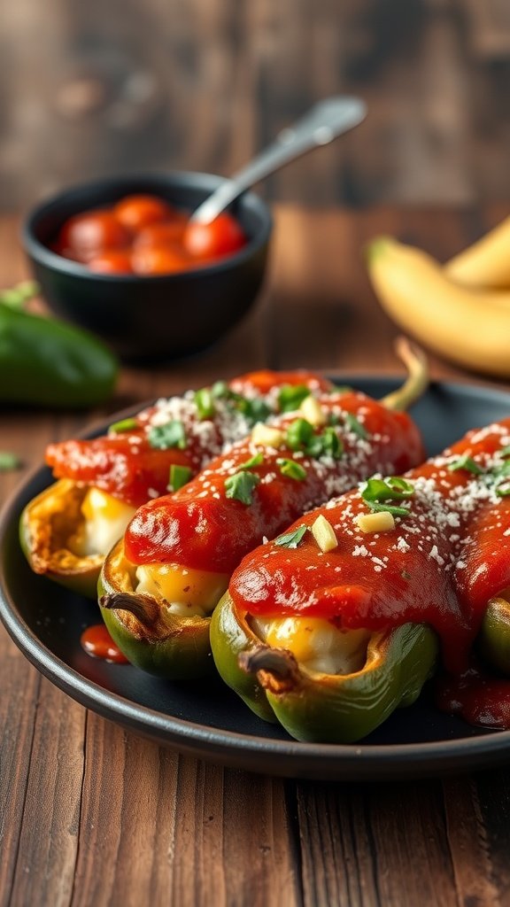 Chili Rellenos topped with tomato sauce, garnished with herbs, served on a plate.