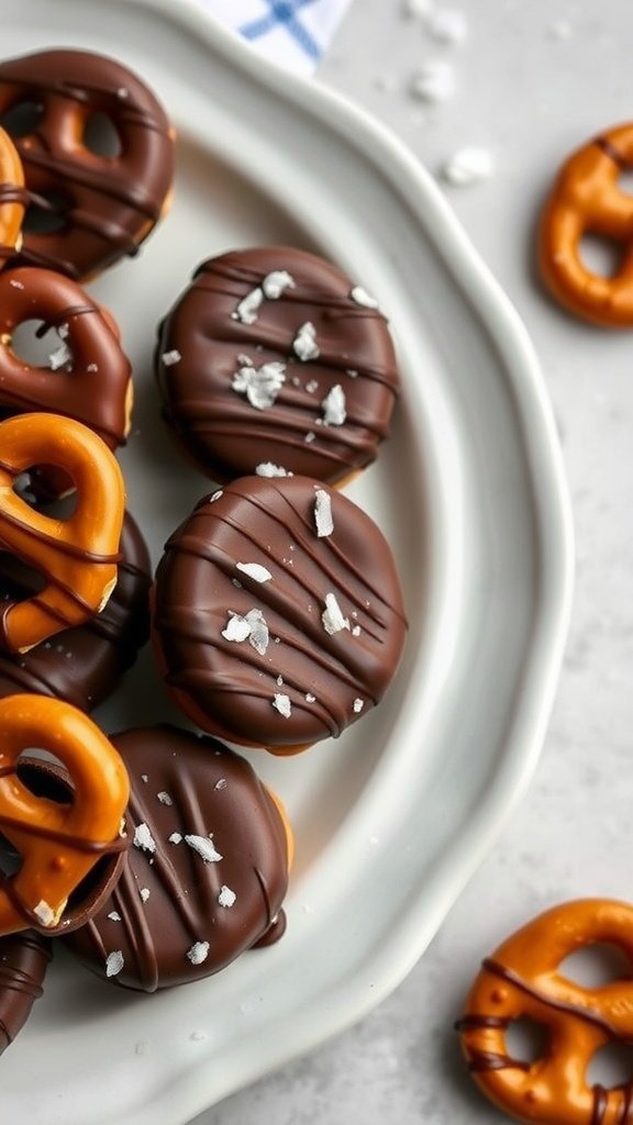 A plate of chocolate-covered pretzel bites with a sprinkle of sea salt.