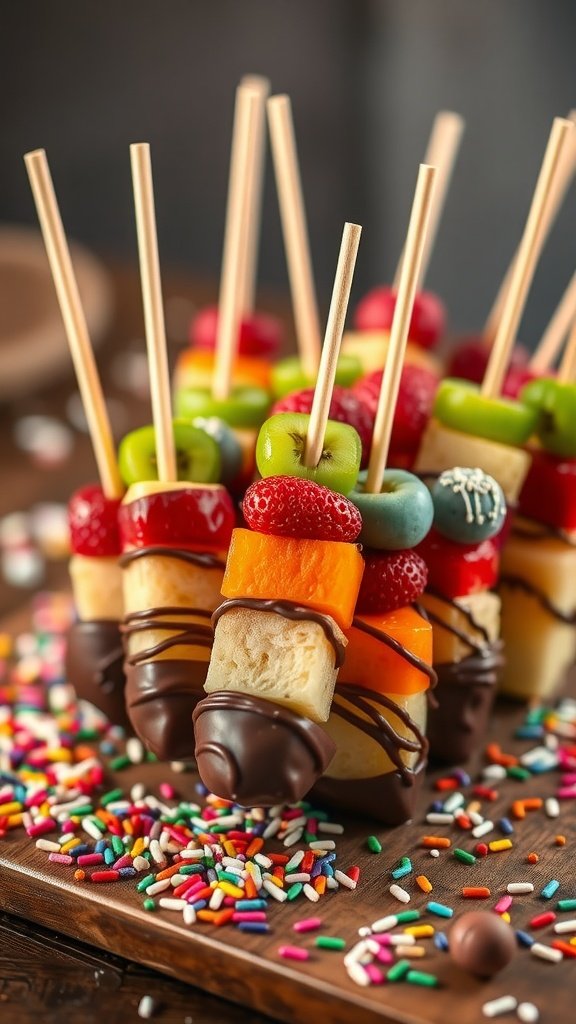 Colorful chocolate-dipped fruit skewers arranged on a wooden platter with sprinkles.