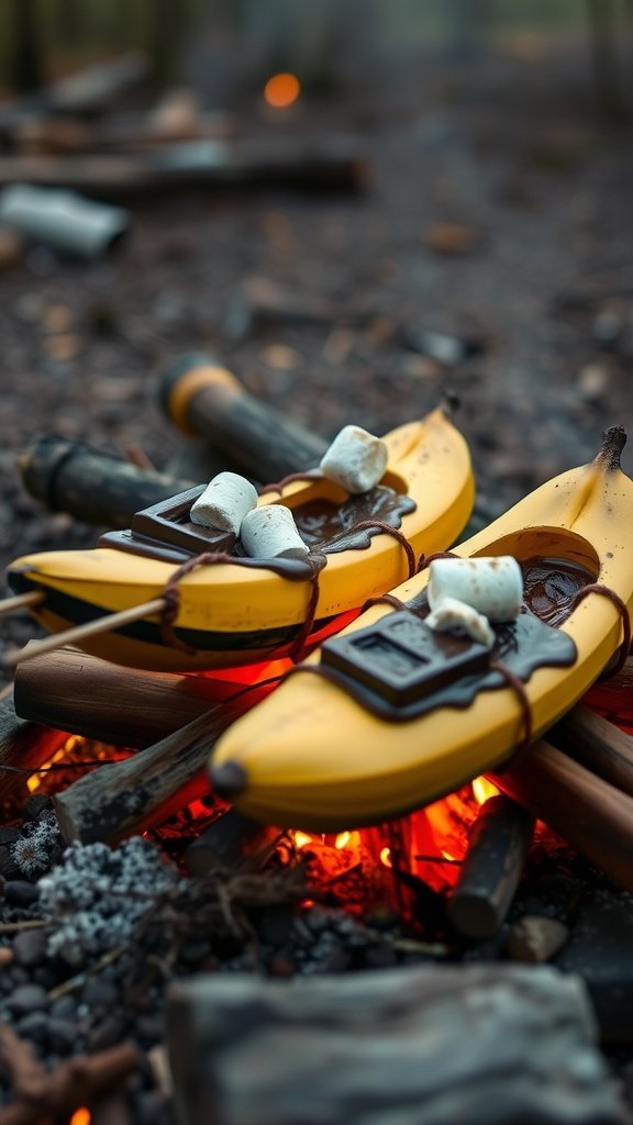 Chocolate Banana Boats cooked over a campfire