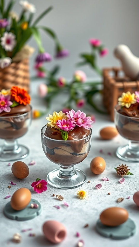 Chocolate dessert cups topped with colorful flowers, surrounded by Easter eggs and flowers
