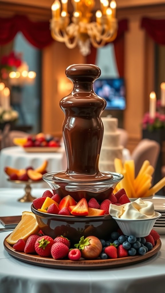 A chocolate fondue fountain surrounded by fresh fruits and snacks, creating a romantic dinner setting.