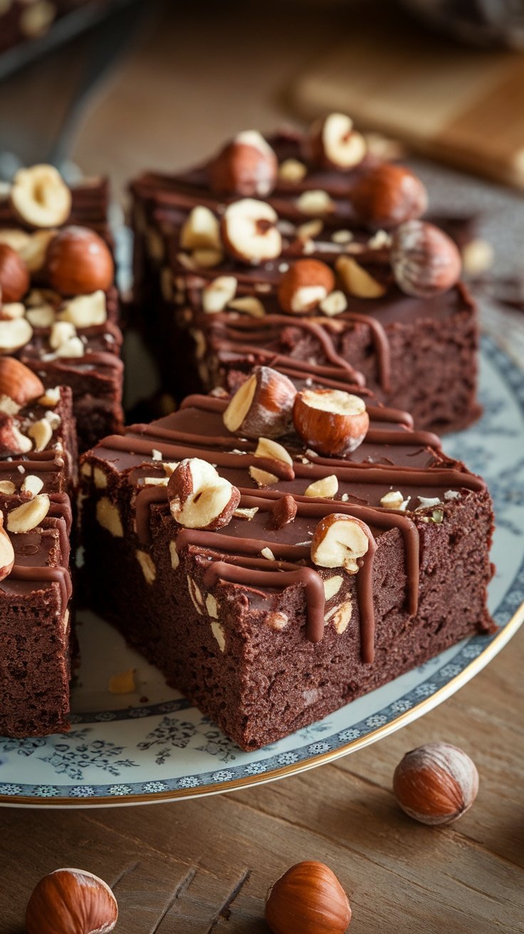 Chocolate hazelnut brownies topped with nuts and chocolate drizzle