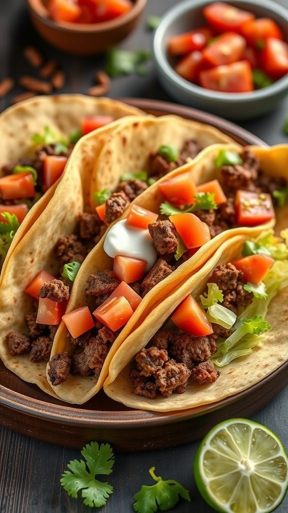 A plate of classic beef tacos filled with ground beef, diced tomatoes, and lettuce, served with lime and cilantro.