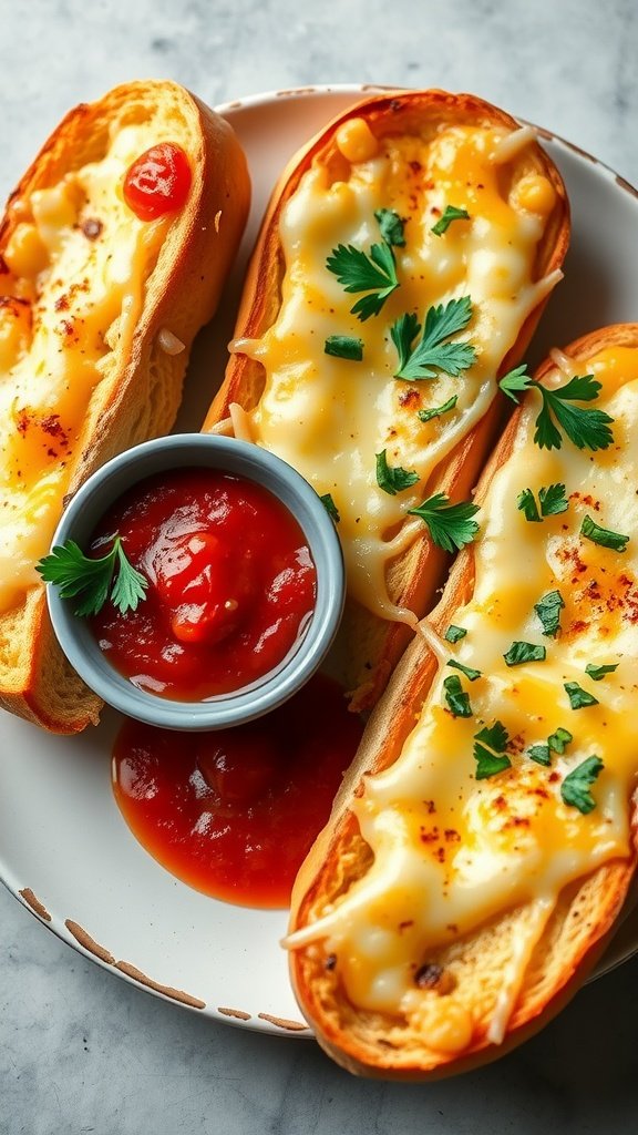Classic cheesy garlic bread with herbs and sauces