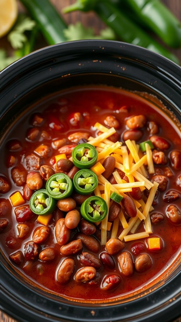 A delicious bowl of classic chili with beans, topped with jalapeños and cheese, in a crockpot.