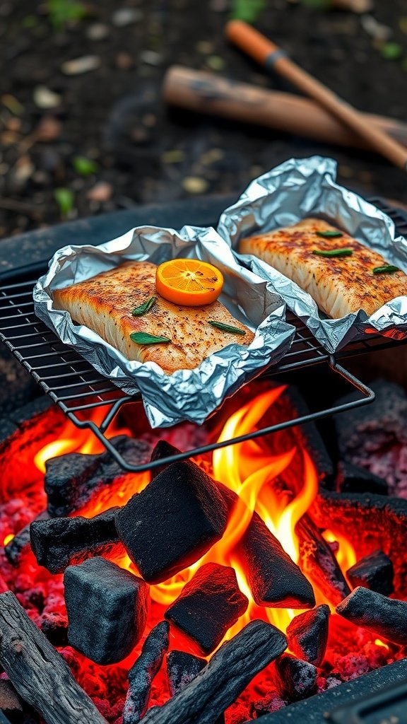 Foil pack salmon cooking over a campfire.