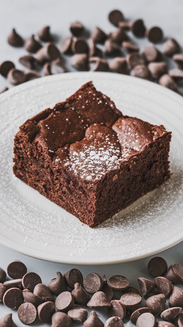 A rich chocolate brownie topped with powdered sugar, surrounded by chocolate chips.
