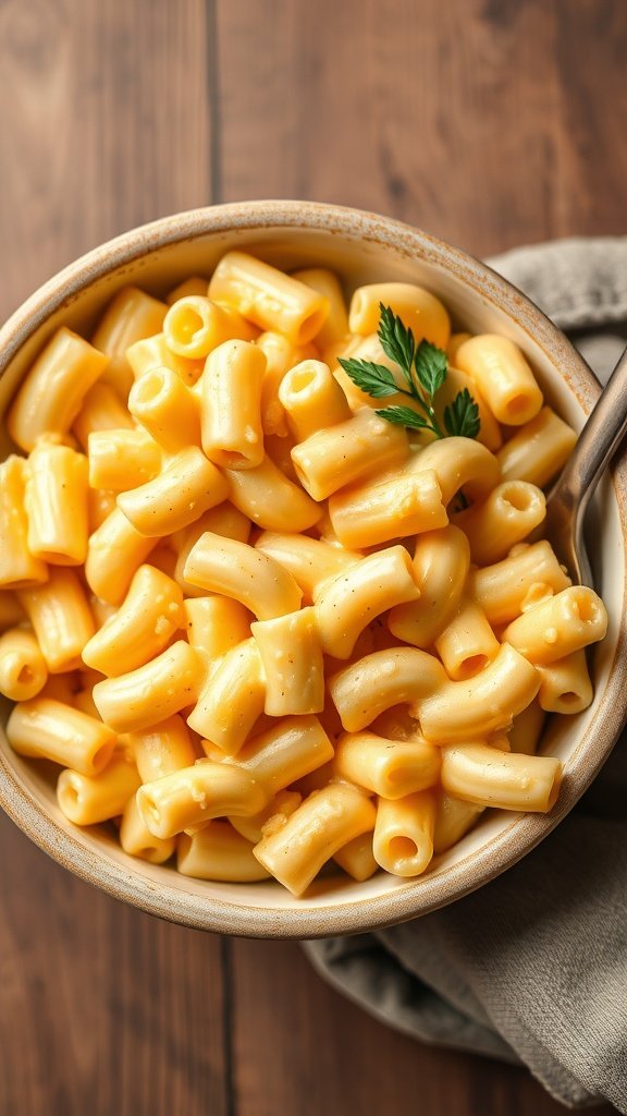 A bowl of classic macaroni and cheese with creamy cheese sauce and elbow macaroni.
