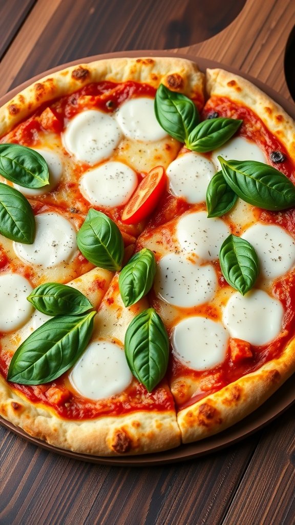 A delicious classic Margherita pizza topped with fresh basil and mozzarella.