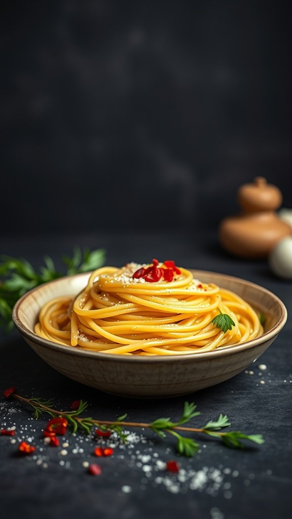 A plate of classic spaghetti aglio e olio garnished with red pepper flakes and parsley.