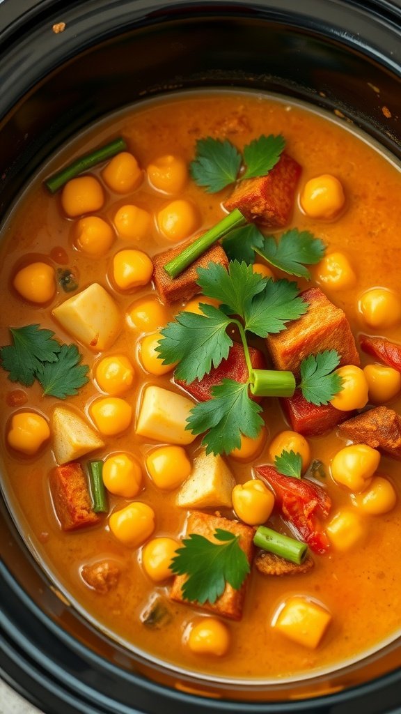 A bowl of Coconut Curry Chickpeas with chickpeas, sweet potatoes, and fresh herbs in a creamy curry sauce