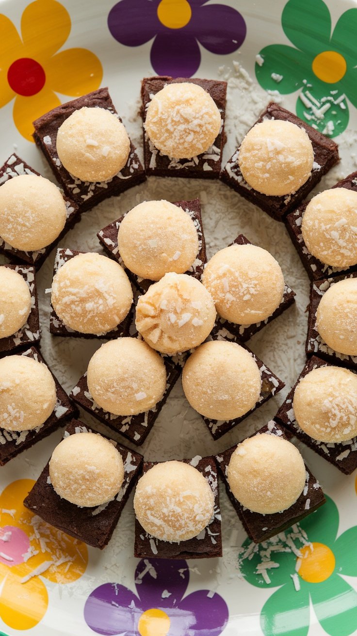 A colorful plate of coconut macaroon brownies arranged in a circular pattern. The brownies are topped with round, golden coconut macaroons and sprinkled with shredded coconut.