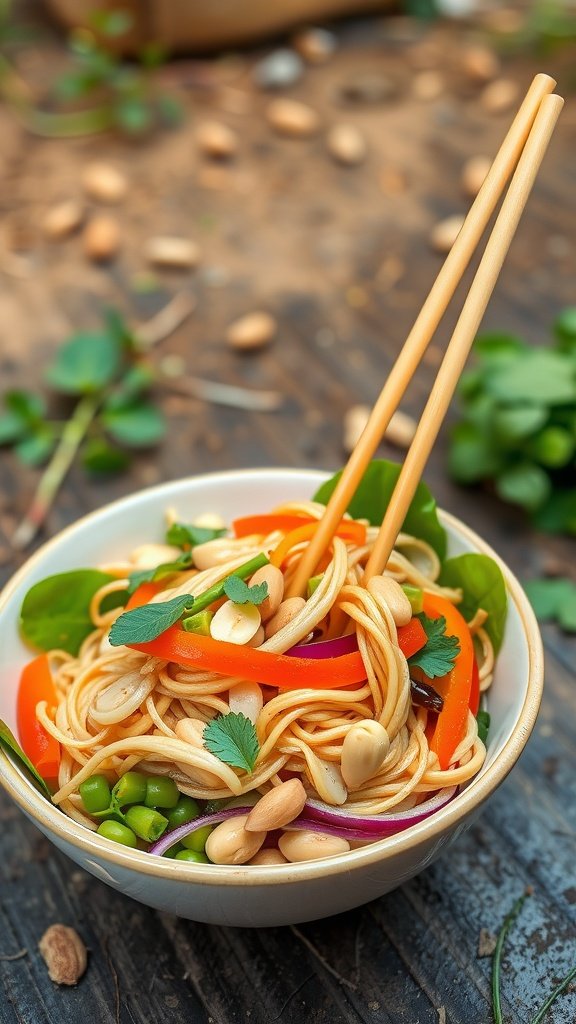 A bowl of cold Thai peanut noodle salad with colorful vegetables and chopsticks.