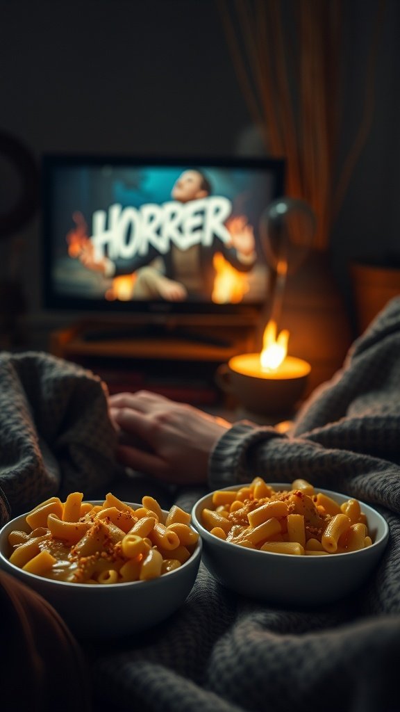 A cozy setting with two bowls of macaroni and cheese and a TV showing a horror movie.
