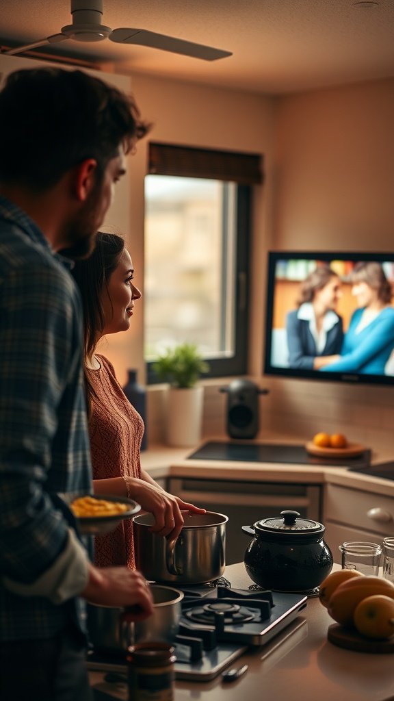 A couple cooking together in a kitchen while watching a romantic comedy on TV.