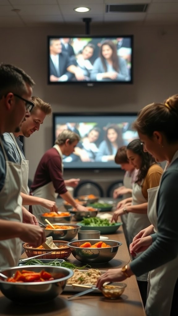 A group of people participating in a cooking class, preparing ingredients with a movie playing in the background.