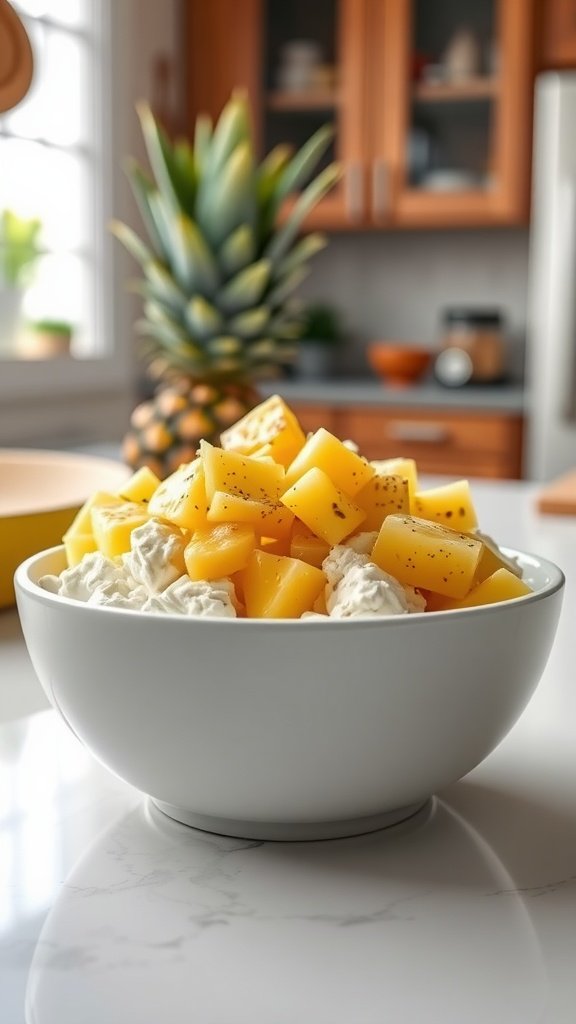 A bowl of cottage cheese topped with pineapple chunks on a kitchen countertop.