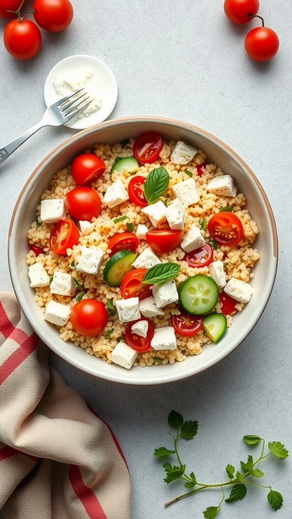 A bowl of couscous salad with cherry tomatoes, cucumber, and feta cheese.