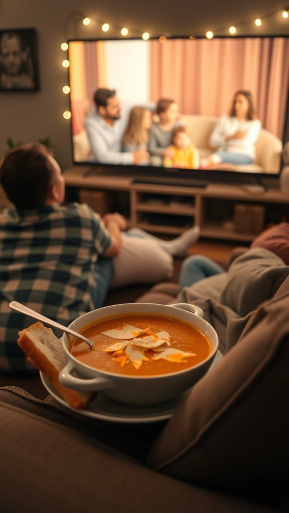 A cozy evening setup with a bowl of soup and a family movie on TV.