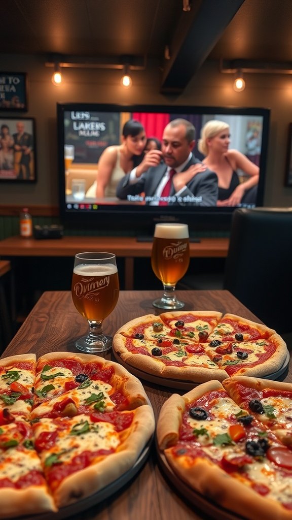 A cozy setup with pizzas and craft beers in front of a comedy movie playing on TV.