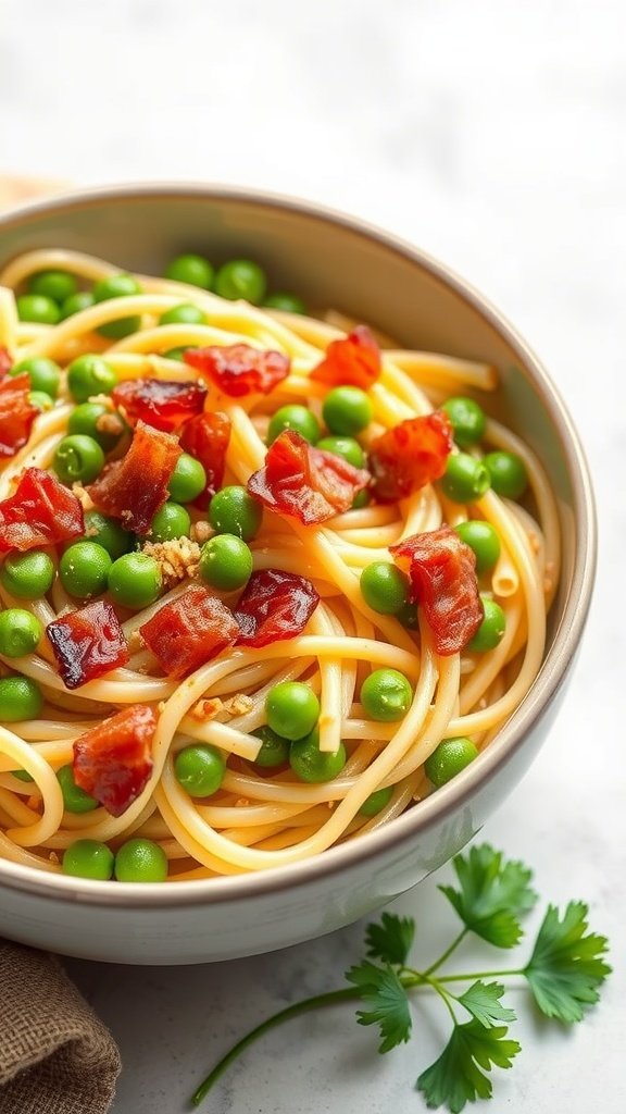 A bowl of creamy bacon carbonara with peas, garnished with parsley.