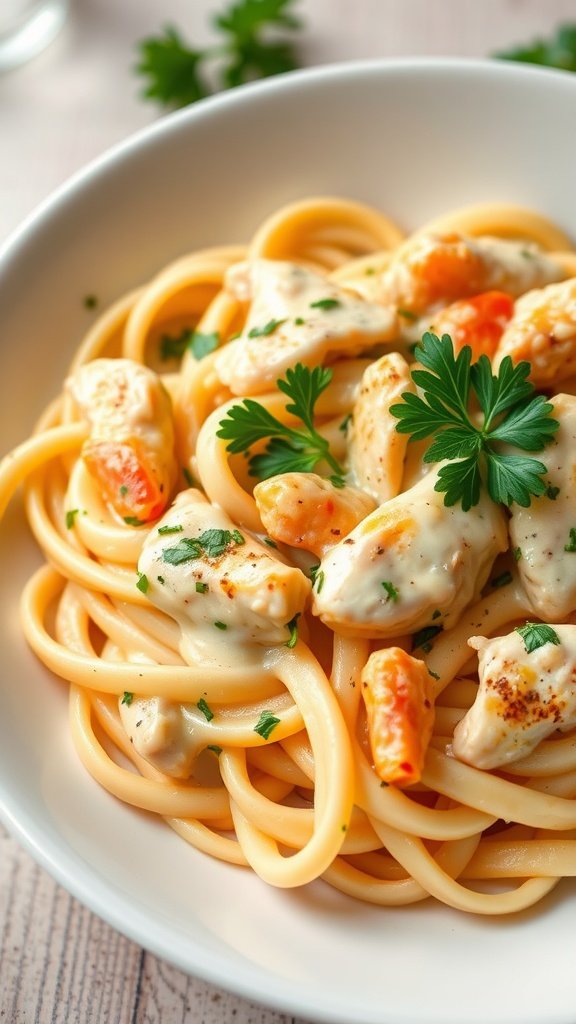 A bowl of creamy Cajun chicken fettuccine pasta garnished with parsley