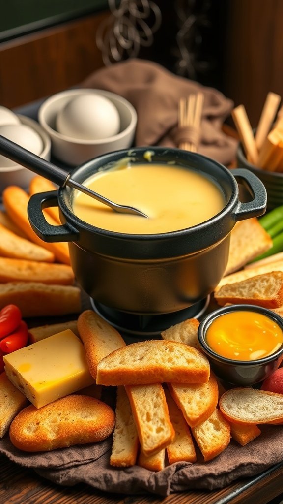A pot of creamy cheese fondue surrounded by various dippers like bread, tomatoes, and cheese.