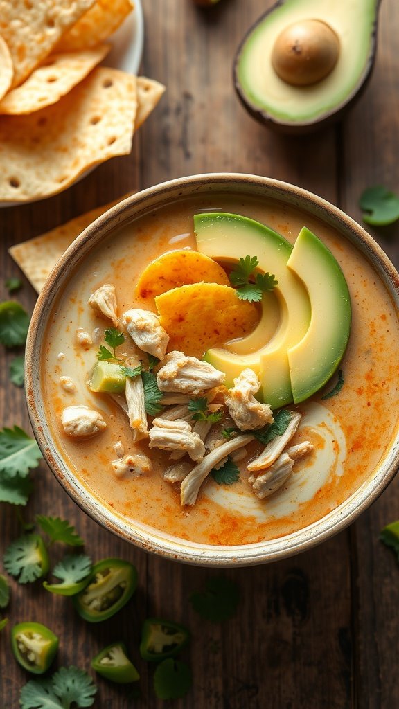 Bowl of creamy chicken tortilla soup topped with avocado slices, shredded chicken, and cilantro, with tortilla chips on the side.