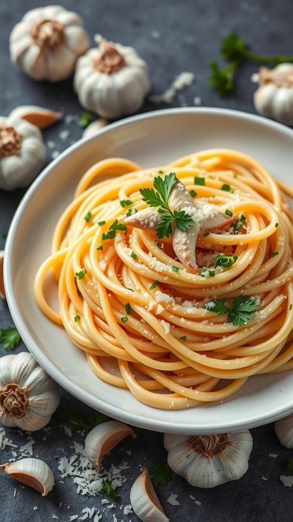 A plate of creamy garlic parmesan fettuccine garnished with parsley and surrounded by garlic.
