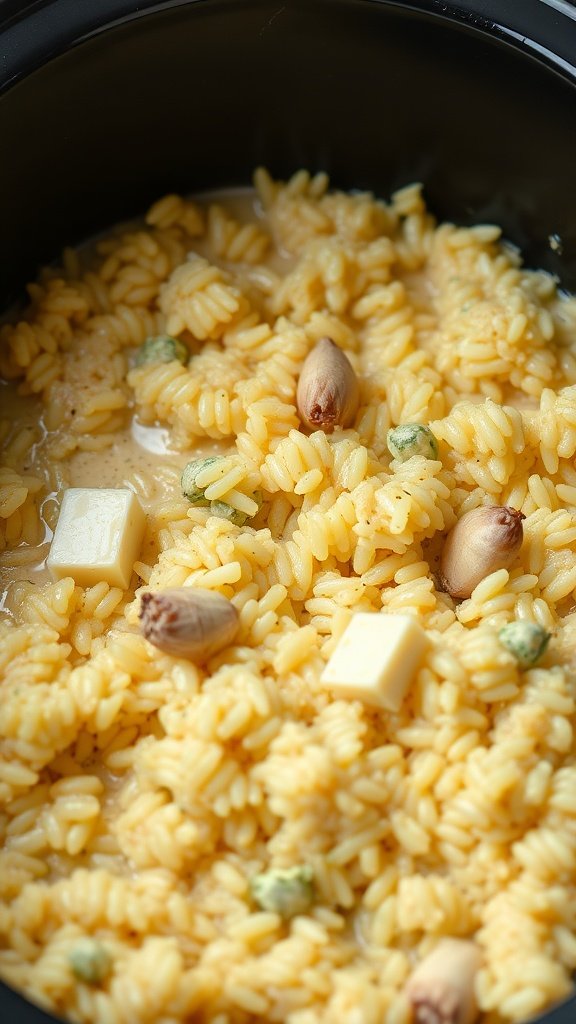 A close-up of creamy garlic parmesan risotto in a crockpot, featuring tender rice, butter, and seasoning.