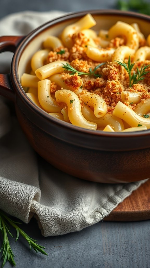 A bowl of creamy macaroni and cheese topped with breadcrumbs and herbs.