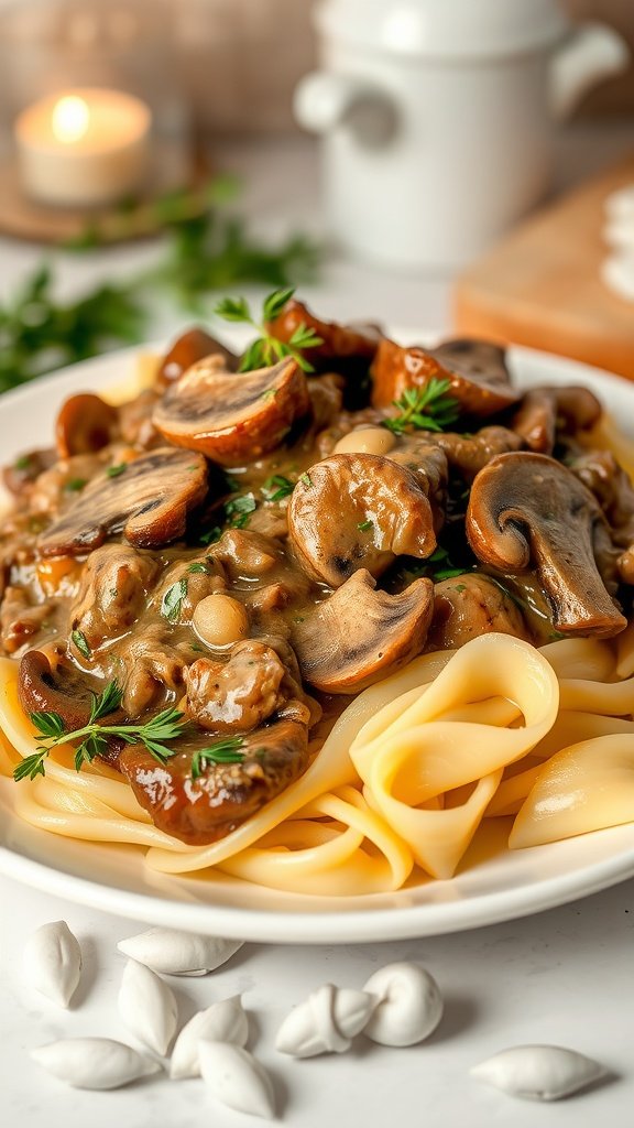 Creamy Mushroom Stroganoff served over egg noodles, garnished with fresh parsley.