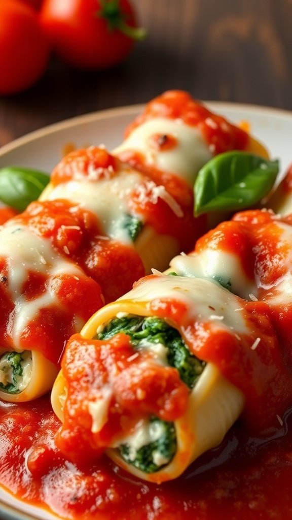 Creamy spinach and ricotta stuffed shells with marinara sauce and melted cheese