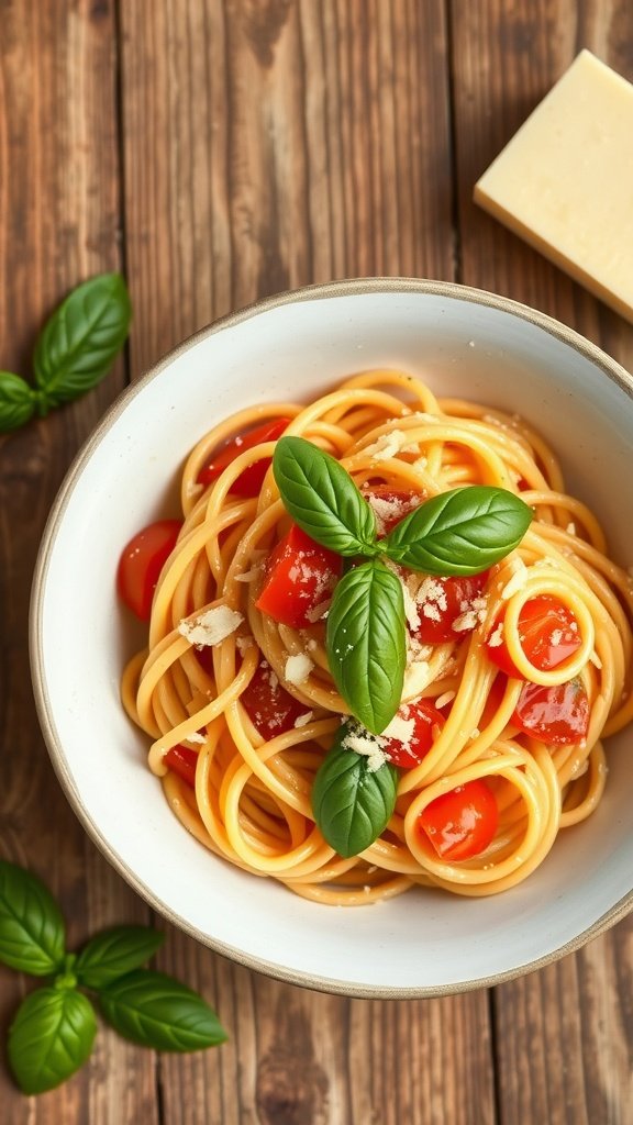 A bowl of creamy tomato basil pasta with fresh tomatoes and basil leaves.