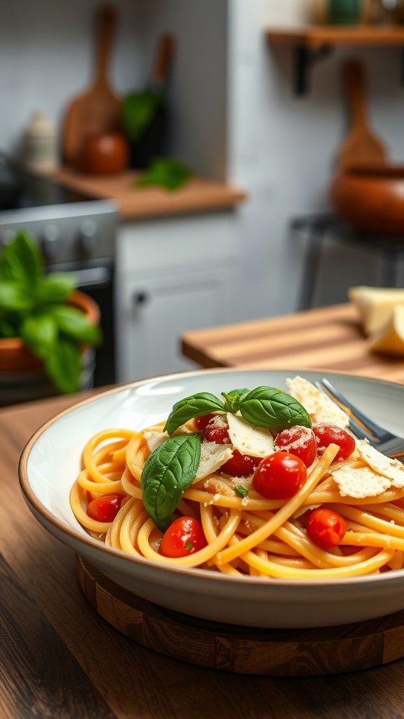 A delicious plate of creamy tomato basil pasta garnished with fresh basil and cherry tomatoes.