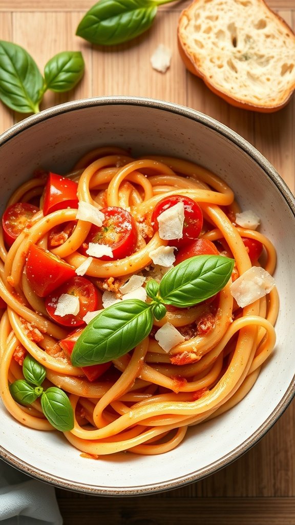 Creamy tomato basil pasta with cherry tomatoes and basil leaves