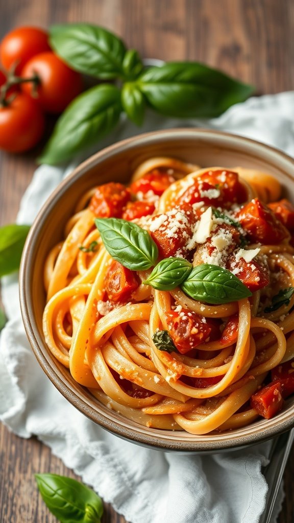 A bowl of creamy tomato basil pasta, garnished with fresh basil leaves and sprinkled cheese, with tomatoes in the background.
