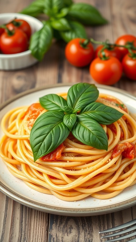 Creamy Tomato Basil Spaghetti with fresh basil and tomatoes