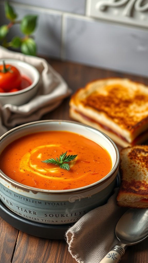 A bowl of creamy tomato soup with a swirl of cream and a grilled cheese sandwich on the side.
