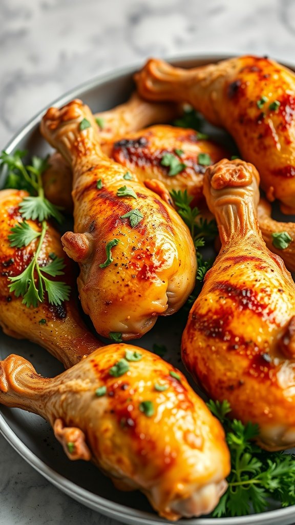 A plate of crispy baked chicken legs garnished with fresh herbs.