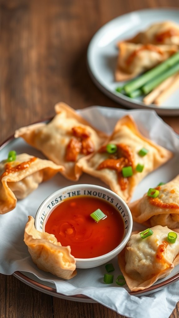 A plate of crispy chicken wontons served with sweet chili sauce and garnished with green onions.