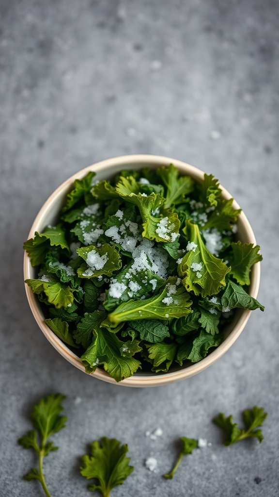 A bowl of fresh kale leaves sprinkled with sea salt.