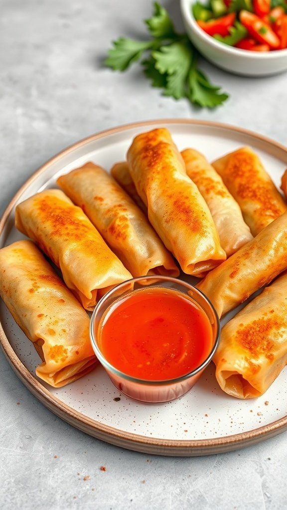 A plate of crispy vegetable spring rolls served with dipping sauce