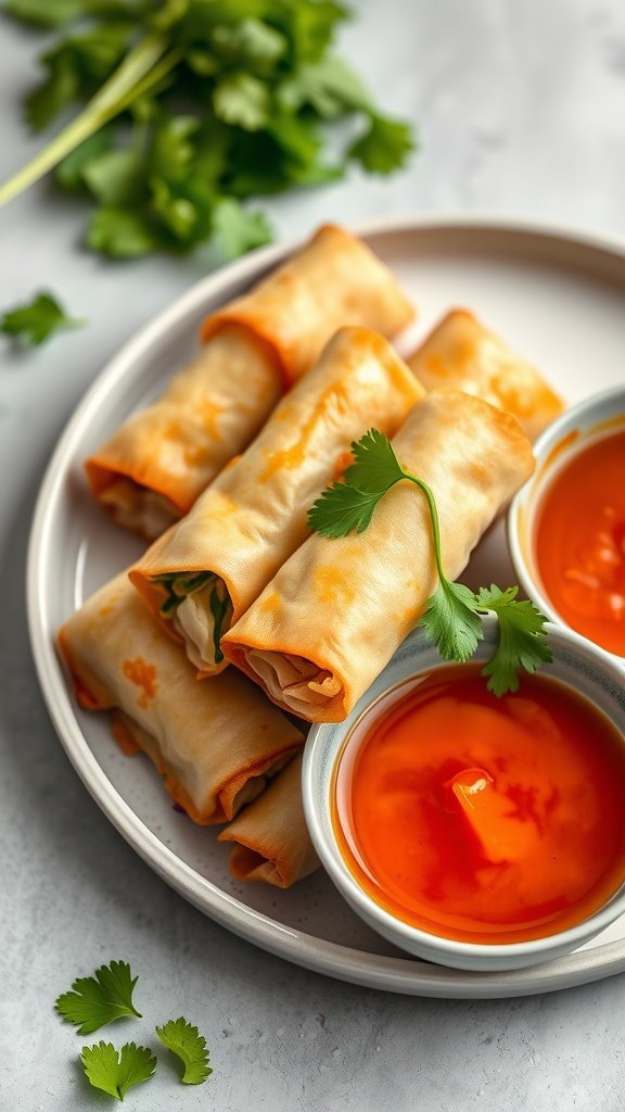 Crispy vegetable spring rolls with dipping sauce on a plate, garnished with cilantro.