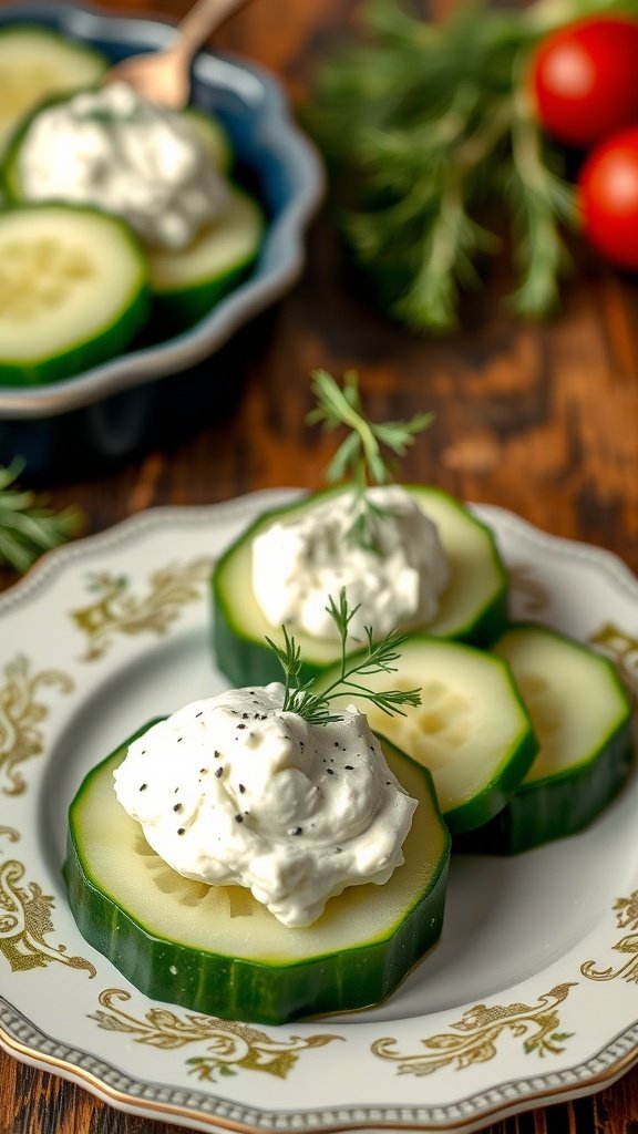 Cucumber rounds topped with herbed cream cheese and garnished with herbs.