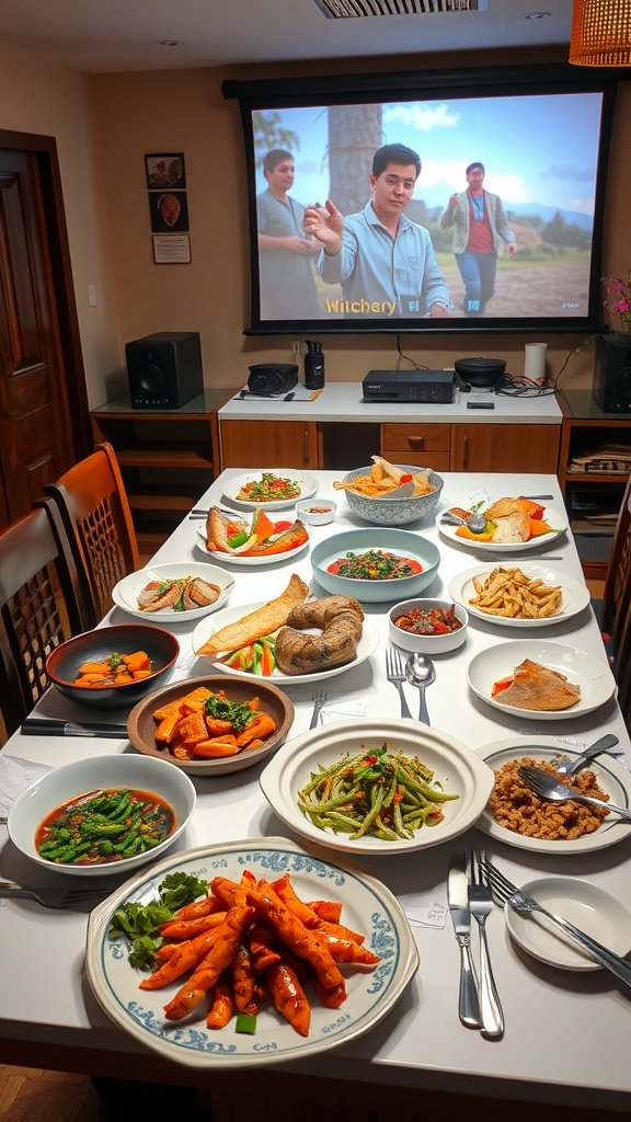 A beautifully arranged dinner table featuring various cultural dishes with a foreign film visible in the background.