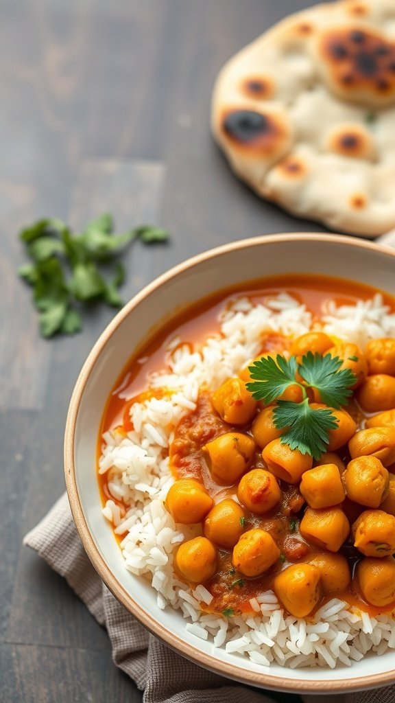 Bowl of curry chickpeas served on rice with fresh cilantro