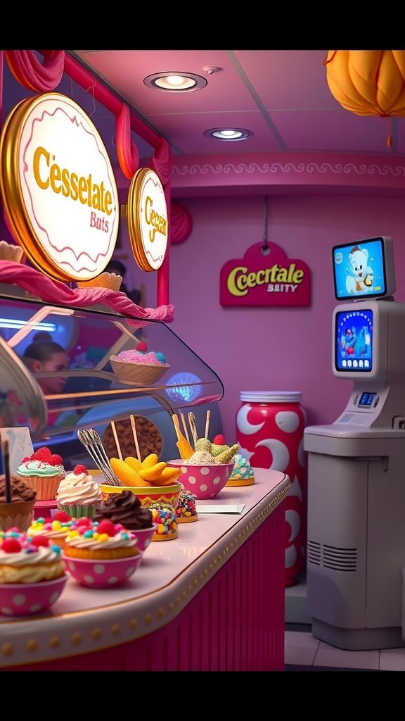 A colorful dessert bar featuring cupcakes and ice cream in a vibrant setting.