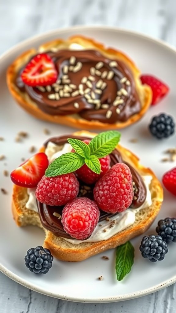 Delicious dessert garlic bread topped with Nutella and fresh berries